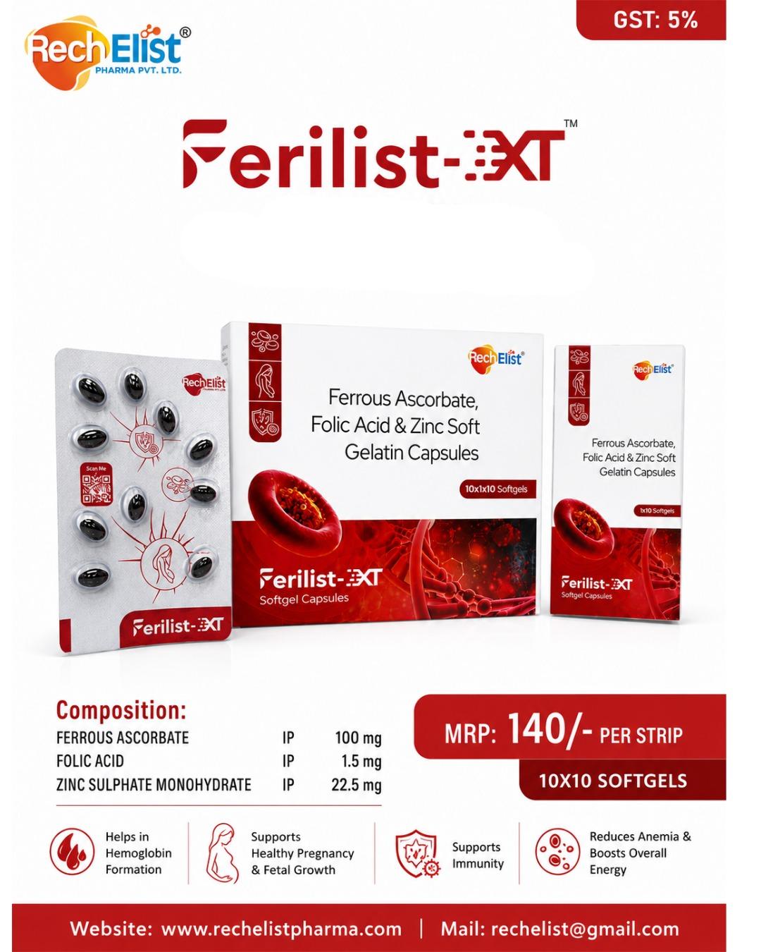 Ferrous Ascorbate IP 100 mg + Folic Acid IP 1.5 mg + Zinc Sulphate Monohydrate IP 22.5 mg Capsules (FeriList-XT S/G):