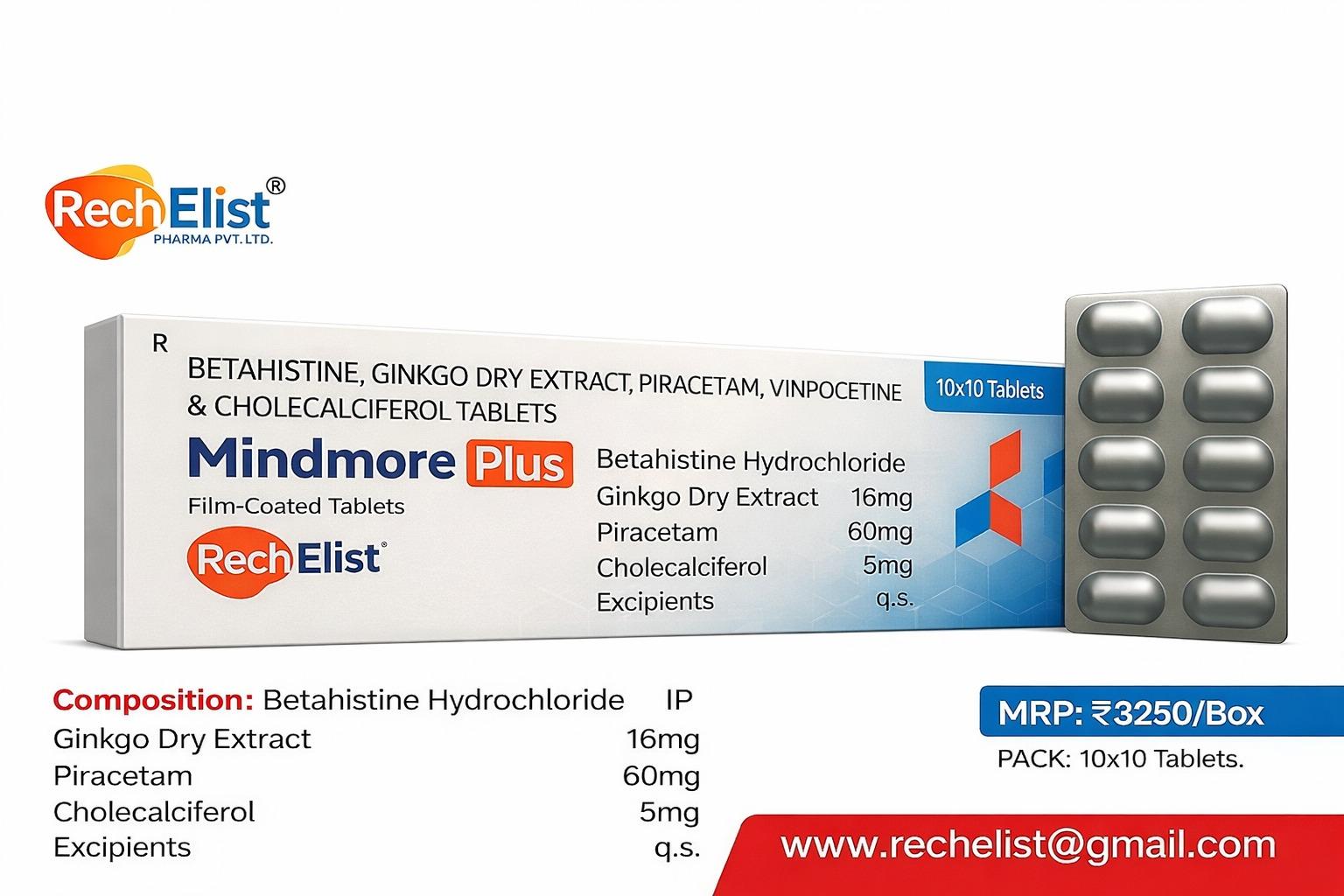 Betahistine Hydrochloride IP 16mg + Ginkgo Dry Extract IP 60 mg + piracetam IP 400 mg + Vinpocetine BP 5mg + Cholecalciferol IP 400 IU + Excipients q.s. Tablets